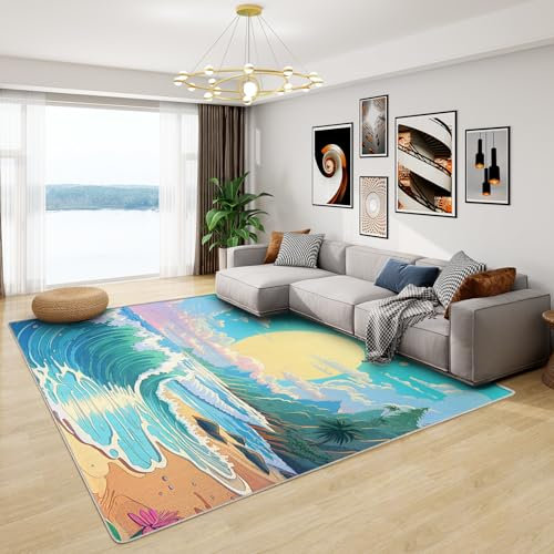 Maritime Dekoration - Teppich Wohnzimmer Schlafzimmer Meer Kinderzimmer, Kleiner Teppich Meer Wellen, Weich Kurzflor & Waschbar & rutschfest Fussmatte Innen, Kinderteppich 50x80 cm