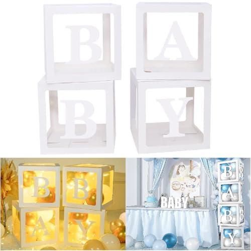 Kiuiom Scatola Decorativa per Feste, Baby Shower,Transparente Baby Ballon Box mit Buchstaben BABY,Geschenkbox Transparent Geburtstag Party Hintergrund Deko,Shower Deko,4 Stück