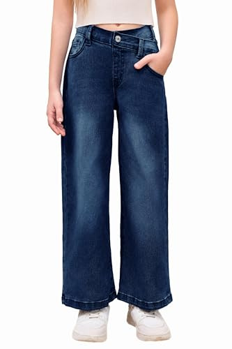 Haloumoning Pantalon en jean évasé pour fille - Taille haute - Taille élastique - Jambes larges, Bleu foncé, 150