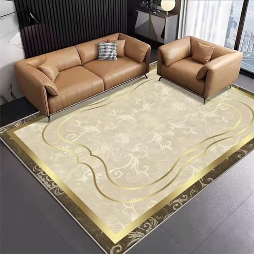 ROSURUG Hundedecke Küchenmatte 120X180CM Wohnzimmerteppich mit goldenen Linien und Bordürendesign, sturzsicher und lichtecht Room Deko Aesthetic Zimmer Deko Gelb