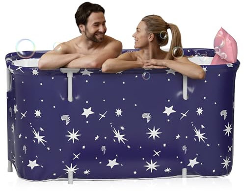 Warmiehomy Bañera plegable para adultos, 140 x 50 x 55 cm, bañera móvil portátil con cojín y respaldo, bañera SPA para ducha, bañera plegable independiente para adultos y niños, azul estrellado