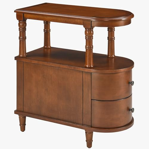 Schmaler Beistelltisch mit 2 Schubladen und Stauraum, Retro Vintage Sofa-Beistelltisch, Holz-Telefontisch für Wohnzimmer, 29L x 59,5B x 64,2H cm, werkzeuglose Montage, Karamellbraun BG-A508-MG