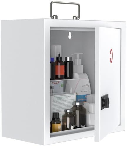 Uniclife Wall Mount Medicine Cabinet with Combination Lock & Handle Locking First Aid Lockable Medical Safe Storage Box Medium Medicine Organizer Secure Steel Wall Cabinet Metal Storage Box