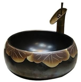 MENGLI-2024 Lavandino del Bagno Lavabo da appoggio Foglia di Loto lavabo Antico lavabo in Ceramica for Uso Domestico Balcone lavabo Rotondo Artistico (38 * 38 * 16 cm) Lavandino da appoggio