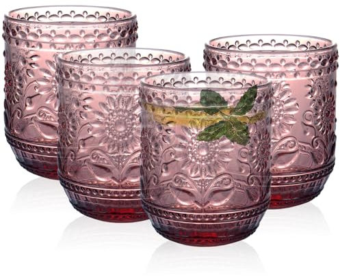 YIK TUNG Drinking Glasses Set of 4, Vintage Water Glasses, Colourful Glass Drinking Glasses, 380 ml Coloured Water Glasses, Dishwasher Safe, Modern Flower Embossed Design for Camping, Parties