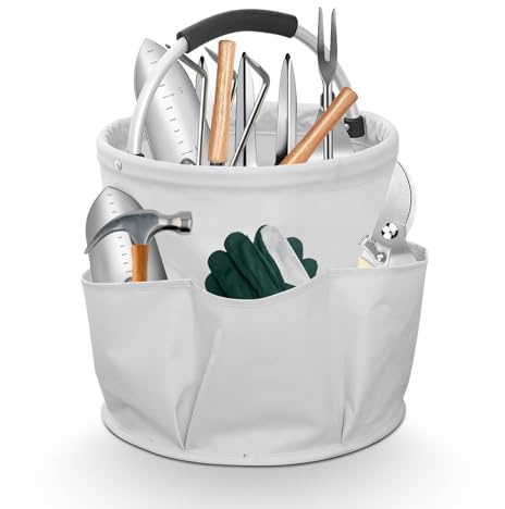 Sporgo 17L Gartentasche für Gartenwerkzeug: Faltbar Gartengerätetasche 600D Oxford Stoff Garten Werkzeugtasche, Gartenkorb mit 1 Hauptfach und 6 Außentaschen, Aufbewahrungskorb für Gartengeräte (Weiß)
