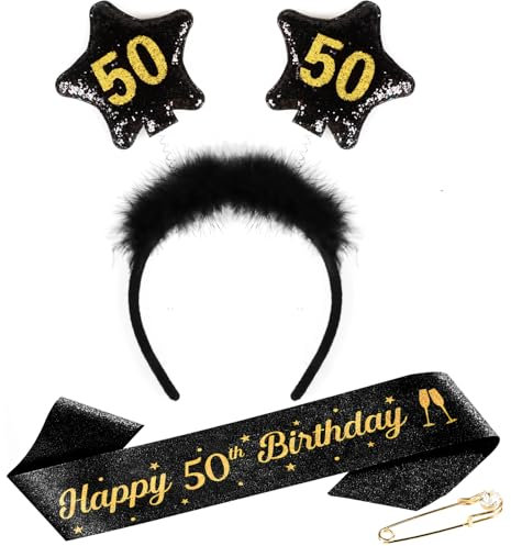 TUZELIYA 50 Geburtstag Frauen Männer - 50. Geburtstag Kopfschmuck mit Geburtstagsgürtel, Anstecknadel - Haarschmuck Glitter Schärpe für Birthday Party Dekorationen