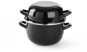 HENDI Marmite à moules avec couvercle, casserole, pot pour les fruits de mer, les sauces, convient uniquement pour les cuisinières à gaz, 0,8kg, 2,5L, ø200x(H)180mm, émaillée noire avec rebord en inox