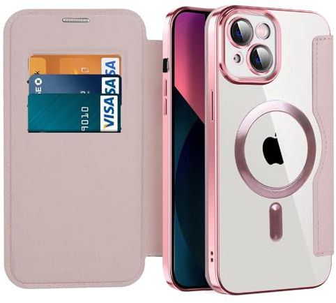 IMIRST Case for iPhone 13 Compatible with MagSafe, WD Pink | 3 Card Holder,RFID Blocking,Premium Leather Folio Flip Wallet Cover,Magnetic Clear Shockproof TPU,for Women Men