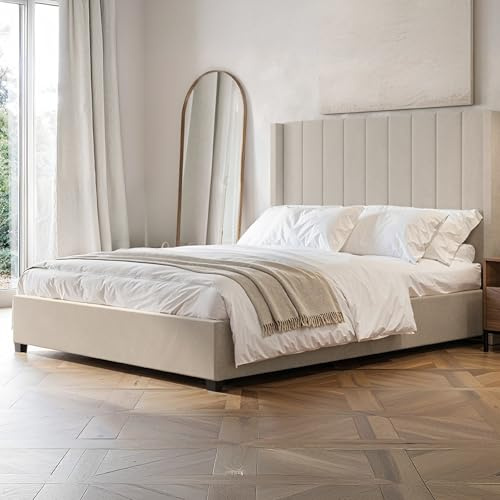 Flair Furnishings - Tiggy Ottoman Bed, King Size Bed Frame with Storage, Sophisticated Silhouette with Winged Headboard, Easy to Lift, Elegant and Refined (Beige Velvet)