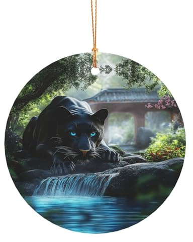 Fierce Animals in Jungle Rivers Christmas Tree Hanging Ornaments Round Shape Xmas Pendant Decorations Party, 25cm Golden Rope for Tree Decorations 8cm