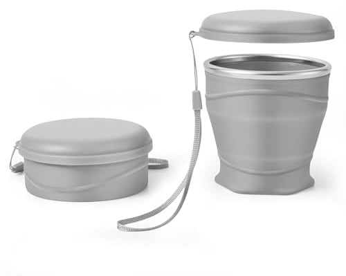 Bidponds 260ml Faltbarer Silikonbecher mit Deckel, BPA-frei, 304 Edelstahlrand, tragbarer Becher für Reisen, Camping, Wandern, Outdoor-Sport (grau)