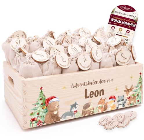 Personalisierter Adventskalender 2026 zum Befüllen mit Holzzahlen | Tolle Weihnachtsdeko aus Holz, Weihnachtskalender mit Tüten für Geschenke Mädchen & Jungen (40 x 30 x 14 cm)