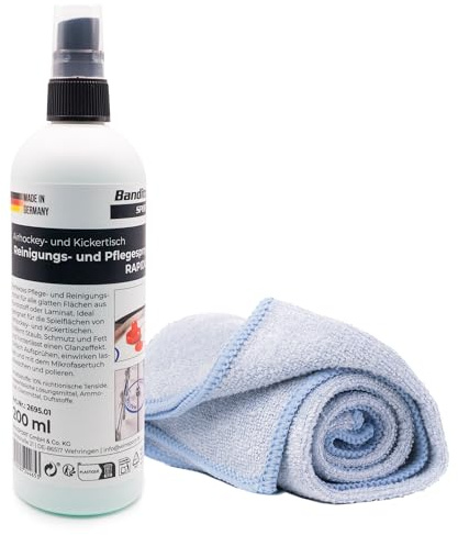 Bandito Airhockey + Kickertisch Reiniger Rapido, Cleaning Spray und Polish für Spielflächen- und Spielplatten sowie Tischpflege 200ml. Inkl. Mikrofasertuch, Made in Germany
