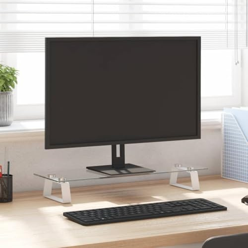 Mokuyary Support pour écran, blanc, 60 x 20 x 8 cm, en verre trempé et métal, organiseur de bureau, rehausseur d'écran pour PC, ordinateur portable, imprimante, ordinateur