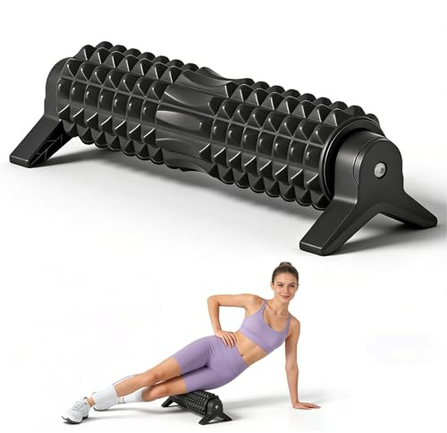 Faszienrolle, Fitness Rolle mit 3D Texturmassage, Texturierter Sport Foam Roller mit Ständer, Hartschaumrolle zur Selbstmassage, Schwarz Schaumstoffrolle für Rücken Beine, Mittlere Härte, Yoga
