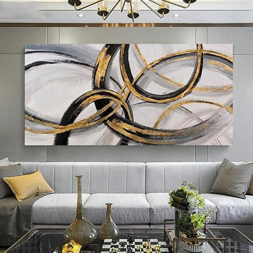 AEFOUU Abstraktes Kunstwerk, Leinwandbild mit schwarzen, weißen und goldenen Linien, großes Wandbild für Wohnzimmer (80 x 162 cm/rahmenlos)