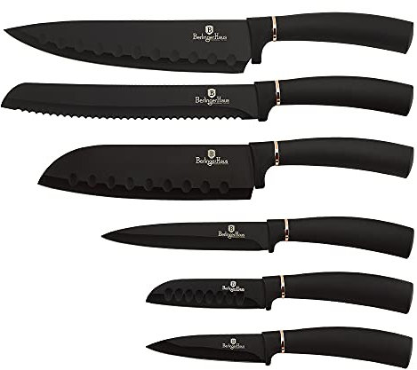 BerlingerHaus Haus Black Rose 6er-Set Profi-Küchenmesser, Klinge aus Edelstahl, Antihaftbeschichtung, Kochen Messer, Zwiebel, Brot, Santoku, Schälen, Ergonomischer Griff, Elegantes Design, BH-2337, Schwarz