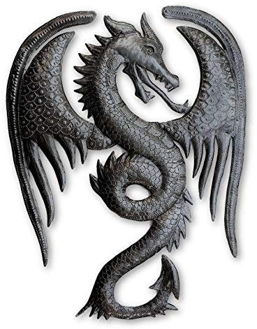 Drache Wandbild aus Metall Drachen Gargoyles Skulpturen Fantasy World Mythical Unique Wall Hanging Gothic Flügel Handmade in Haiti 33 x 42 cm