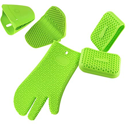 Kochblume Handschuh & Griffschutz & Thermo-Fingerschutz 3er Set | Hitzeschutz Set | Premium-Silikon | Hitzebeständig | Spülmaschinenfest | Farbe: limette