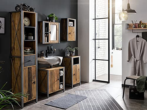 Woodkings® Bad Set Detroit II recycelte Pinie Metall grau, Badezimmerset 5teilig mit Spiegelschrank Badschrank Set Industrie Design, Badmöbel