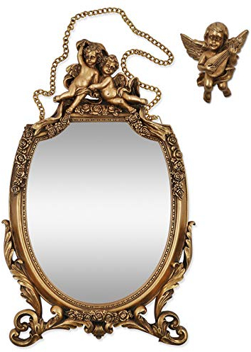 Simon's Shop Baroque Style Wall Mirror, 16.5 x 9.5 inches Decorative Mirror with Cherub and Floral Ornaments, Vintage Gold Finish