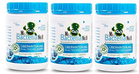 Mr.Bacteria No.8 Gartenteich Reiniger für optimale ÜBERWINTERUNG Ihres Teichklar, Teichpflege, Teichpflegemittel und Wasserklärer zu klar von grünem Wasser im Gartenteich (Winter) 500g - 3 Stücke