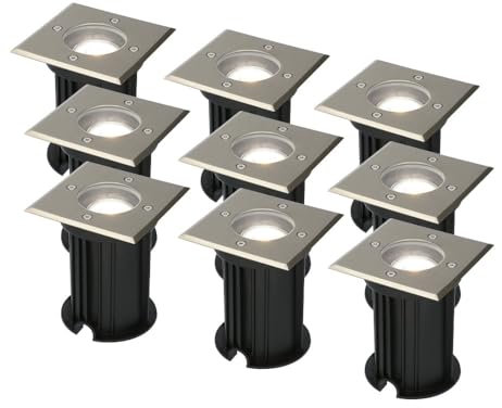HOFTRONIC - 9er Ramsay Terrassen Einbaustrahler GU10 Edelstahl Eckig 4 Watt 345 Lumen Boden Licht 6500K Extra Kaltweiß LED Einbauleuchte IP67 Wasserdicht - Dimmbarer Bodeneinbauleuchte außen