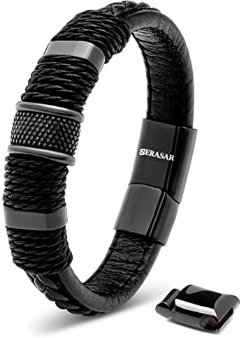 SERASAR Armband Herren 20cm Schwarz Männer Leder Armreif Lederband Herrenarmreif Armschmuck Schmuck Herrenschmuck Armkette Flecht Wickelarmband Kette Leather