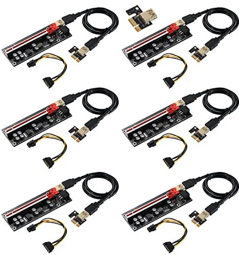 MZHOU PCIE Riser 1X to 16X Graphic Extension for Bitcoin GPU Mining Powered Riser Adapter Card GPU Riser Card with 8 Solid Capacitors USB 3.0 Cable 60cm (Chip:VER009S PLUS Black-6 Pack)