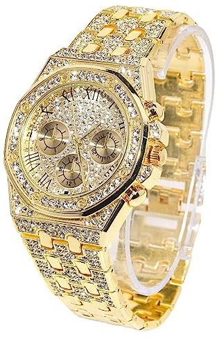 Halukakah Diamant Golduhr für Männer,18k Echtgold Plattiert 20mm Breite Quarz Armband 22cm,mit Geschenkbox
