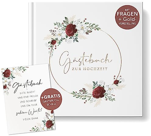 luftundliebe Gästebuch Hochzeit mit Fragen zum ausfüllen, Gästebuch, Hochzeit Gästebuch, Vintage, Goldfolienveredelung, Hochzeitsgästebuch, Hardcover - Burgundy Roses