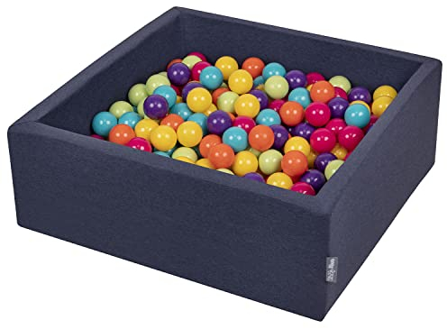KiddyMoon Bällebad 90X30cm/200 Bälle ∅ 7Cm Bällepool Mit Bunten Bällen Für Babys Kinder Quadrat, Dunkelblau:H.Grün/Gelb/Türkis/Orange/D.Pink/Violet