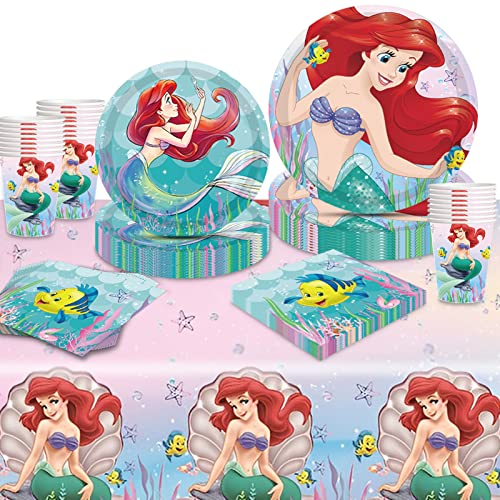 Amycute Stoviglie per Feste di Compleanno, Set Compleanno Bambina con Piatti Carta Sirena Bicchieri Tovaglioli Tovaglie Kit Stoviglie per Feste per Bambino
