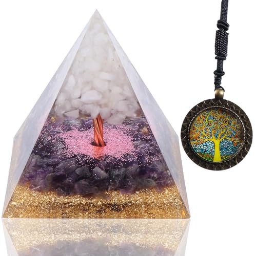 Crystal Pyramid, Orgone Crystal Pyramid with Life Tree Necklace,Crystal Tree of Life Orgonite Pyramid, Emf Orgonite, Raw Amethyst Stone, Orgone Pyramid Emf, Energy Healing Home Decor