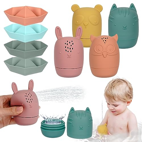 Jouets de Bain, 8 pcs Jouet Bain Bébé en Silicone avec Ouverture, Pulvérisable, Animaux Jouets Flottants, san BPA, Couleur Neutre, Jouet Bain pour Le Bain Piscine La Plage Noël Cadeaux d'anniversaire