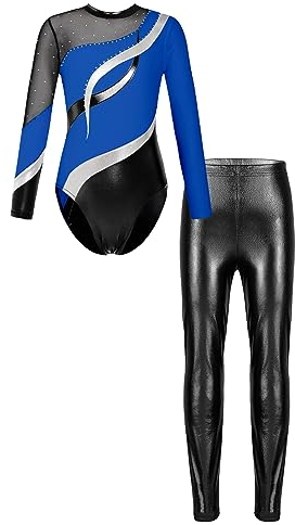iEFiEL Mädchen Turnanzug Langarm Gymnastikanzug Langarm Leotard Metallic Tanzbody Glänzende Leggings Lang Sporthosen Königsblau + Schwarz 146-152