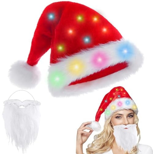 LED Plüsch-Weihnachtsmütze,Weihnachtsmütze mit Bart,Nikolausmütze mit leuchtendem,Farbe LED-Lichter Weihnachtsmütze,Weihnachtsmann Bart,Weihnachtsmann Accessoires für Erwachsene,Kinder,Weihnachten