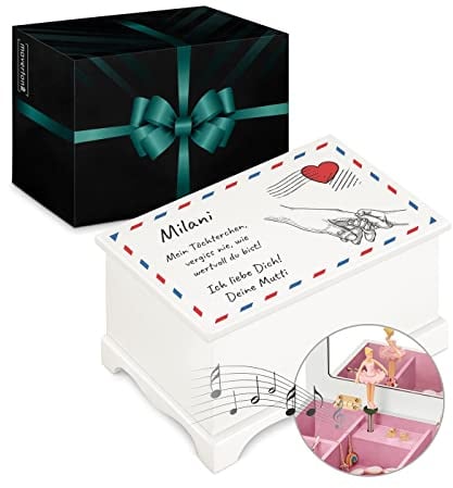 Maverton personalisierte Musik Schmuckdose mit Aufzieh-Spieluhr - Schmuckkästchen Ballerina - Musikspieldose für Mädchen zur Geburt - zum Geburtstag - zu Weihnachten - ohne Schublade - Briefumschlag