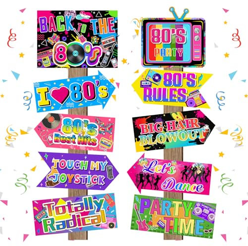 Hooqict 20 Pieces 80s Party Sign 80s Party Decorations Retro 1980s Hip Hop Party Sign Neon Throwback Birthday Party 80s Cutouts for Back to The 80's Theme Photo Booth Props Adults Birthday Supplies