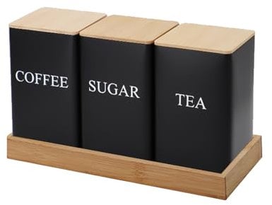 Tuzsocr 3 Pack Tea Sugar Coffee Canister Set with Bamboo Lids, Airtight Storage Canisters Food Storage Containers Pots Jars, Rust Resistant Powder Coated Iron Caddies,for Kitchen Food Storage (Black)
