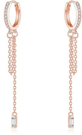 Cangall Orecchini pendenti a cerchio in argento Sterling 925, con nappa, da donna, orecchini a cerchio con catena, ciondolo a goccia, con zirconi cubici, Zirconia cubica, A - oro rosa, NKCEK012b