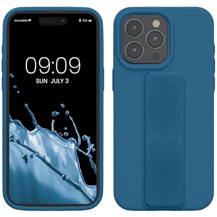 kwmobile Case Compatible with iPhone 15 Pro Max - Case with Hand Strap and Stand Soft TPU Silicone Coating - Caribbean Blue