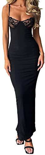 Women Sexy Spaghetti Strap Lace Trim Long Dress Summer Hollow Square Neck Backless Tight Solid Tank Dress Y2K Streetwear (Black, S)