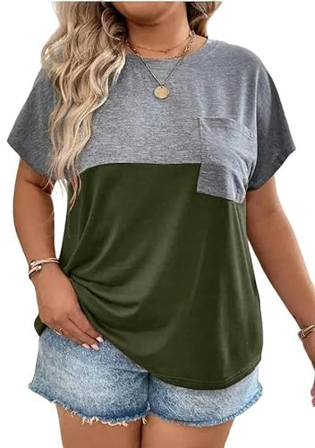 Damen T-Shirt Große Größen Plus Größe Frauen Lose Kurzarm Patchwork Pocket T-Shirt Top-Lv-XL
