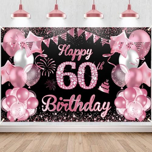 Waylipun Happy 60th Birthday Banner - Black and RosePink Party Decorations Backdrop, Sign Poster Photo Background Fabric for Girls Women, 110 x 180 cm