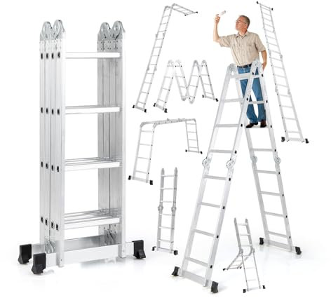 GOPLUS Échelle Multifonction Pliante 4,6m, Verrouillage de Sécurité, Escabeau Polyvalent en Aluminium à Extension, Marche Large Antidérapante, Capacité de 150 kg, pour Maison et Extérieur