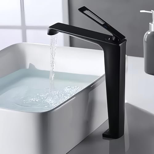 SJQKA Wasserhahn Bad Wasserfall schwarz, Waschtischarmatur Wasserfall, Aufgerüstet Wasserfall Waschtischarmatur Für Badezimme, Wasserfall Design,wasserfall Wasserhahn Messing(schwarz,Hoch)