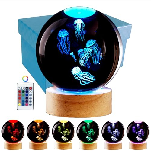 Conalisk 3D-Quallen-Kristallkugel-Lampe, lebensechte LED-Quallen-Nachtlicht, 16 Farbwechsel-Licht, dimmbare Fernbedienung, Schreibtischlampe