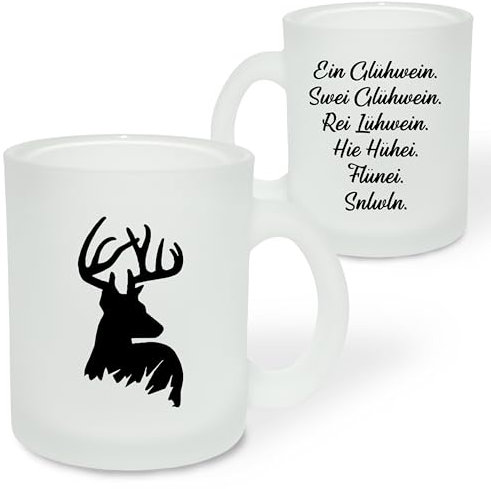 Geschenk für Glühwein-Fans: Glastasse „Ein Glühwein, Swei Glühwein, Rei Lühwein, ...“ mit Rentier-Motiv - Geschenkidee zur Adventszeit | Weihnachtszeit - Glastasse Satiniert, ca. 300ml